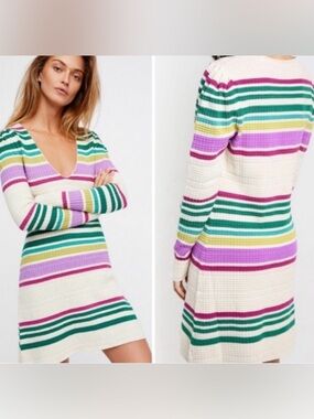 Free People Cream Striped V-Neck Long Sleeve Gidget sweater dress L Midi